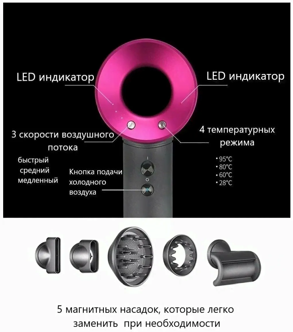 Revamp Профессиональный фен для волос iHair-1600 Super Hair Dryer 1600 Вт, 3 режима, 5 магнитных насадок, ионизация воздуха фены и приборы для укладки-2