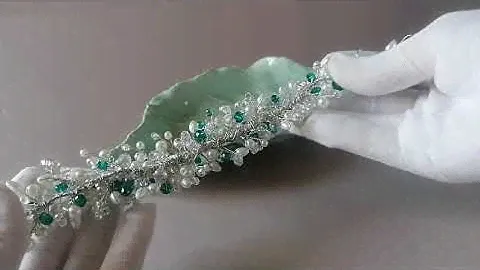 Bridal hair piece with white pearls, crystals and emerald